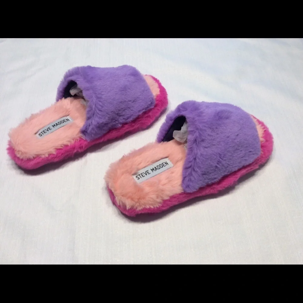 Steve Madden slippers girls 2/3 faux fur slip ons pink purple fuzzy